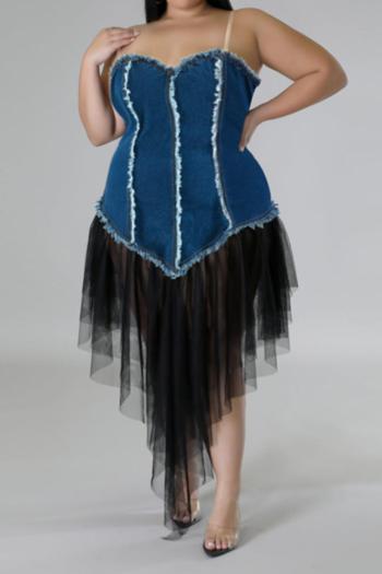 sexy plus size non-stretch sling mesh denim patchwork maxi dress