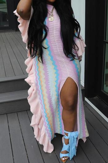 sexy slight stretch 6 colors stripe pattern ribbed knit slit maxi dress