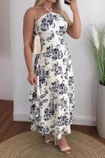 sexy slight stretch batch printing bandeau hollow halterneck midi floral dress
