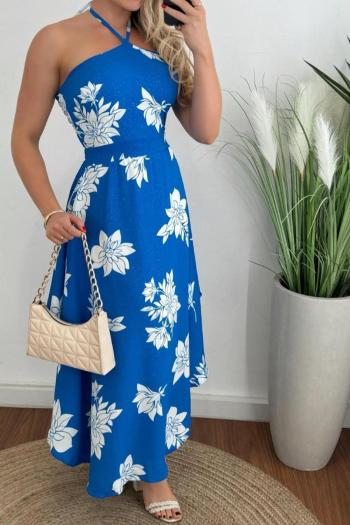 new sexy slight stretch batch printing hollow halterneck midi floral dress
