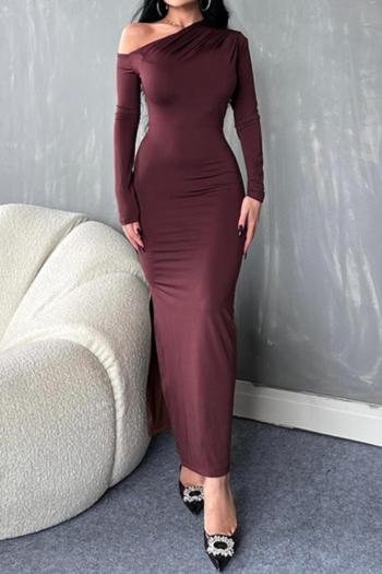 sexy slight stretch solid color one shoulder long sleeve slit maxi dress