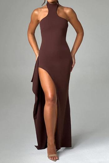 sexy slight stretch solid color halter-neck zip-up slit maxi dress