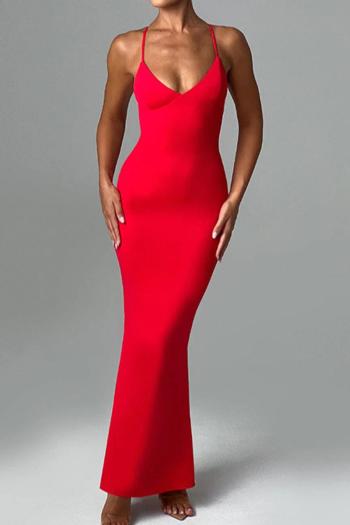 sexy slight stretch solid color backless sling maxi dress