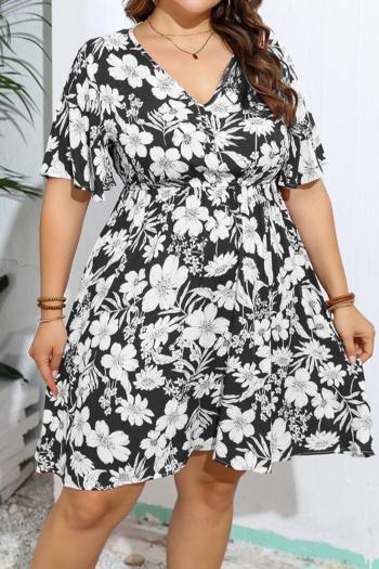 casual plus size non-stretch loose flowers batch printing v-neck mini dress