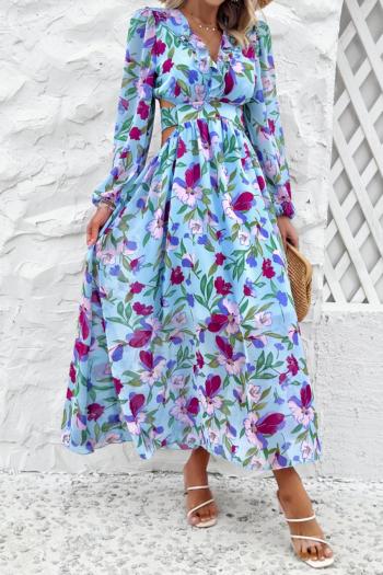 stylish non-stretch flower batch printing hollow laced chiffon sexy maxi dress