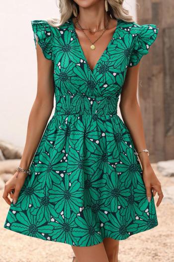 stylish non-stretch floral batch printing v-neck ruffle sleeve mini dress