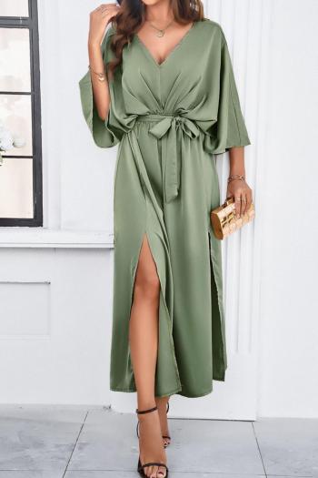 pure color sexy non-stretch satin v-neck loose with belt split maxi dress