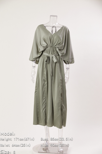 Pure color sexy non-stretch satin v-neck loose with belt split maxi dress