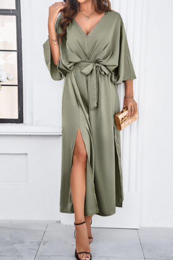 Pure color sexy non-stretch satin v-neck loose with belt split maxi dress