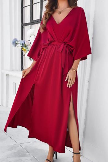 Pure color sexy non-stretch satin v-neck loose with belt split maxi dress