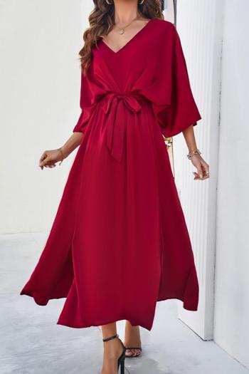 Pure color sexy non-stretch satin v-neck loose with belt split maxi dress