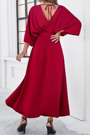 Pure color sexy non-stretch satin v-neck loose with belt split maxi dress