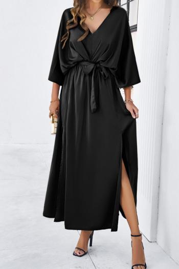 Pure color sexy non-stretch satin v-neck loose with belt split maxi dress
