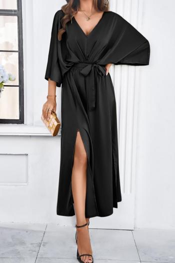 Pure color sexy non-stretch satin v-neck loose with belt split maxi dress