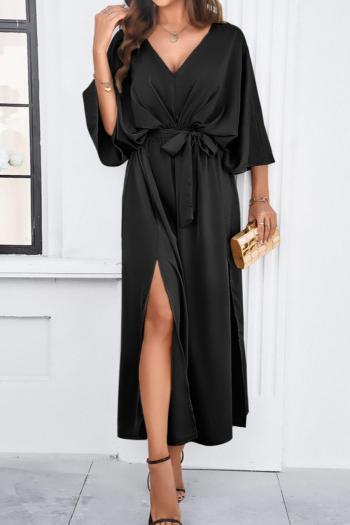 Pure color sexy non-stretch satin v-neck loose with belt split maxi dress