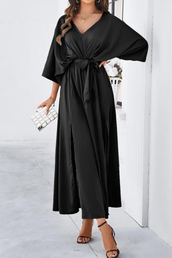 Pure color sexy non-stretch satin v-neck loose with belt split maxi dress