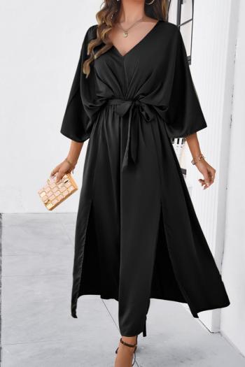 Pure color sexy non-stretch satin v-neck loose with belt split maxi dress