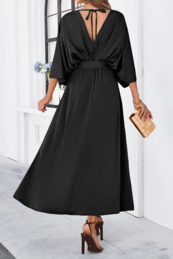 Pure color sexy non-stretch satin v-neck loose with belt split maxi dress