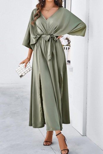 Pure color sexy non-stretch satin v-neck loose with belt split maxi dress