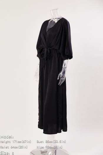Pure color sexy non-stretch satin v-neck loose with belt split maxi dress