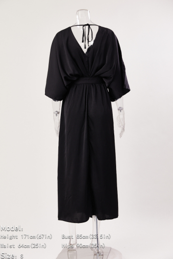 Pure color sexy non-stretch satin v-neck loose with belt split maxi dress