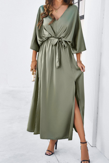 Pure color sexy non-stretch satin v-neck loose with belt split maxi dress