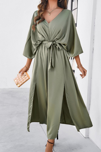 Pure color sexy non-stretch satin v-neck loose with belt split maxi dress