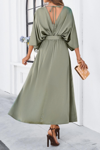 Pure color sexy non-stretch satin v-neck loose with belt split maxi dress