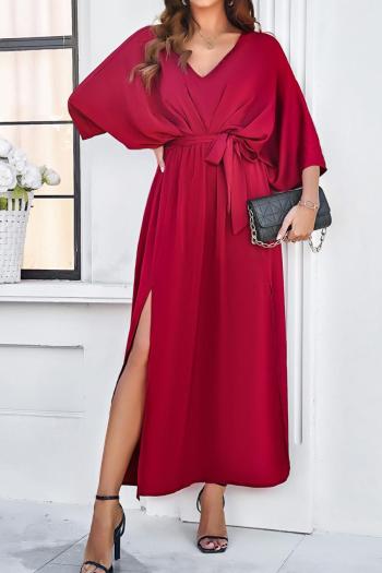 Pure color sexy non-stretch satin v-neck loose with belt split maxi dress