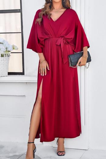 Pure color sexy non-stretch satin v-neck loose with belt split maxi dress