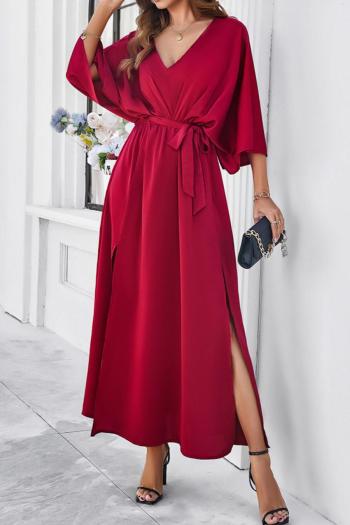 Pure color sexy non-stretch satin v-neck loose with belt split maxi dress