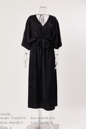 Pure color sexy non-stretch satin v-neck loose with belt split maxi dress
