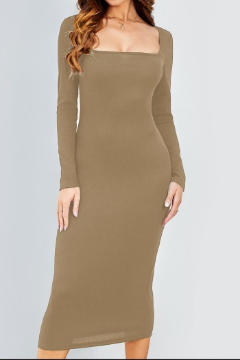 new sexy slight stretch solid color square neck long sleeve midi dress