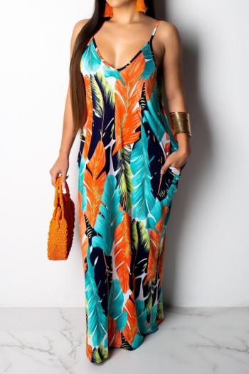 sexy plus size slight stretch palm leaf batch printing pocket sling maxi dress