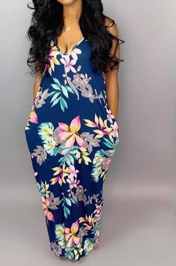 sexy plus size slight stretch flowers batch printing pocket sling maxi dress