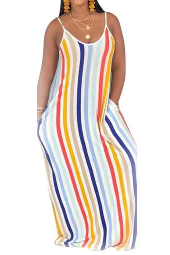 sexy plus size slight stretch rainbow strips printing pocket sling maxi dress