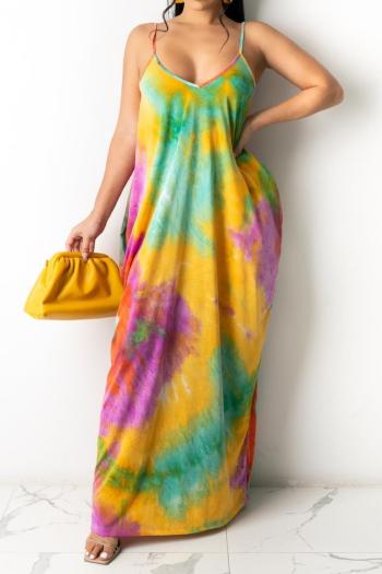 sexy plus size slight stretch tie dye batch printing pocket sling maxi dress#1