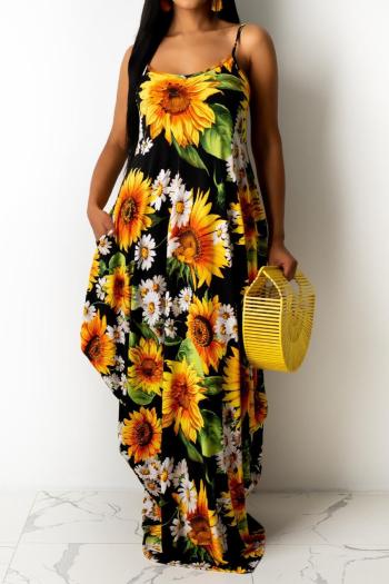 sexy plus size slight stretch sunflower batch printing pocket sling maxi dress
