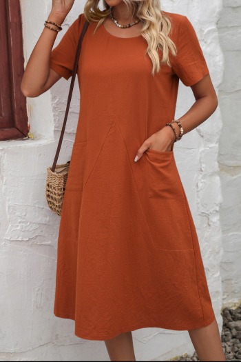 new casual plus-size non-stretch solid color loose crew neck short sleeve midi dress