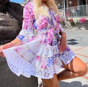 high quality sexy ruffle design batch printing mini floral dress(with belt)