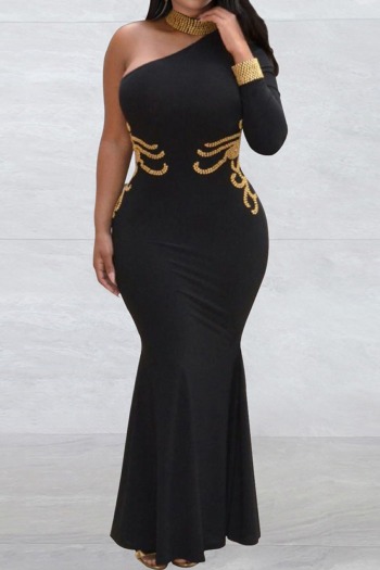 sexy plus-size slight stretch black rhinestone halterneck long sleeve maxi dress