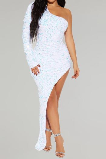 sexy stylish plus-size slight stretch white sequin split long sleeve maxi dress