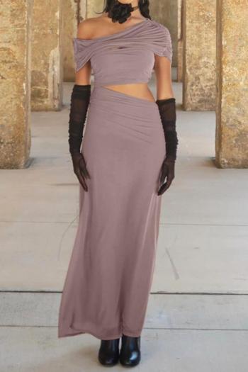 sexy slight stretch solid color one shoulder hollow maxi dress(with gloves)