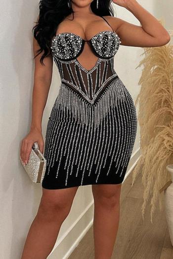 sexy plus size slight stretch mesh patchwork tight sling rhinestone mini dress