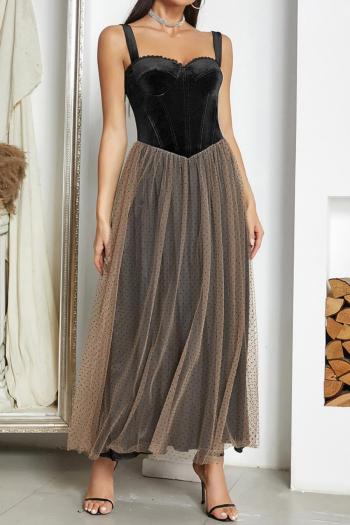 xs-l elegant slight stretch velvet dot mesh patchwork padded maxi dress