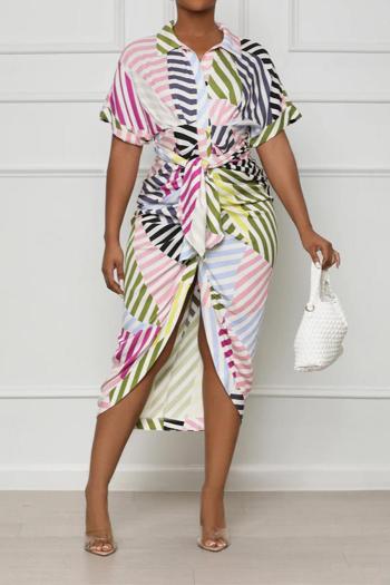 sexy plus size slight stretch striped block printed slit midi dress with belt