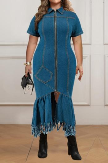 stylish plus size non-stretch solid color tassel zip-up slim midi dress