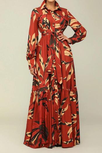 casual plus-size non-stretch lapel batch printing maxi dress (with belt)