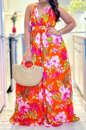 new sexy plus-size non-stretch v-neck batch printing suspender maxi dress