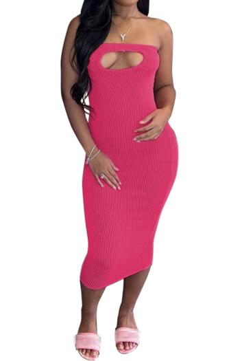 sexy slight stretch 3 colors solid color tube design hollow midi dress